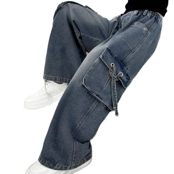 Girls Retro Distressed Cargo Jeans with Pocket For Teenage Kids Baggy Cargo Jeans Trousers Child Fashion Streetwear Denim Pants - Image 6