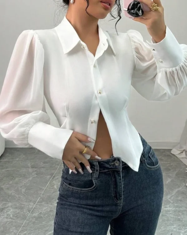 Women's Blouses Lantern Sleeve Turn-Down Collar Cinched Waist Beaded Decor Blouse Casual Crop Shirt Top