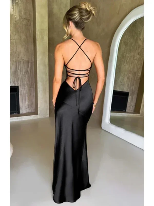 Bandage Backless Elegant Dress Split Hem Spaghetti Strap Slim Cocktail Party Club Fashion Satin Solid Lace-Up Long Dresses - Image 4