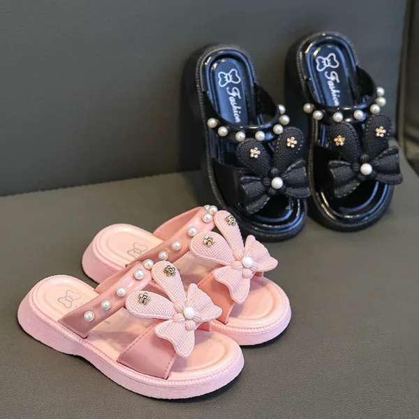 Girls Slippers Fashion Cartoon Princess Shoes Summer Soft Sole Non-slip Indoor Slippers Cute Bow Pearl Bathroom Slides Flip Flop - Image 4