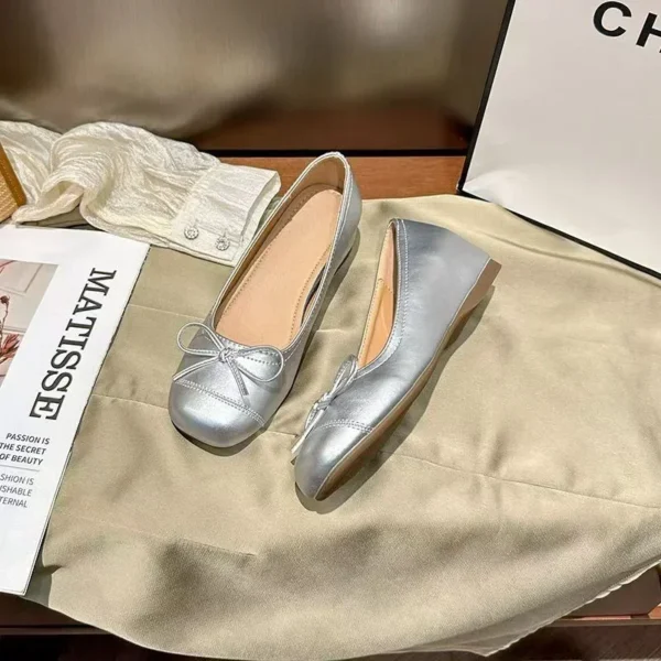 2025 New Gold Silver Elegant Bowknot Round Toe Women's Flat Comfort Slip-On Ladies Ballerina Single Mules Shoes Zapatos Mujer - Image 4