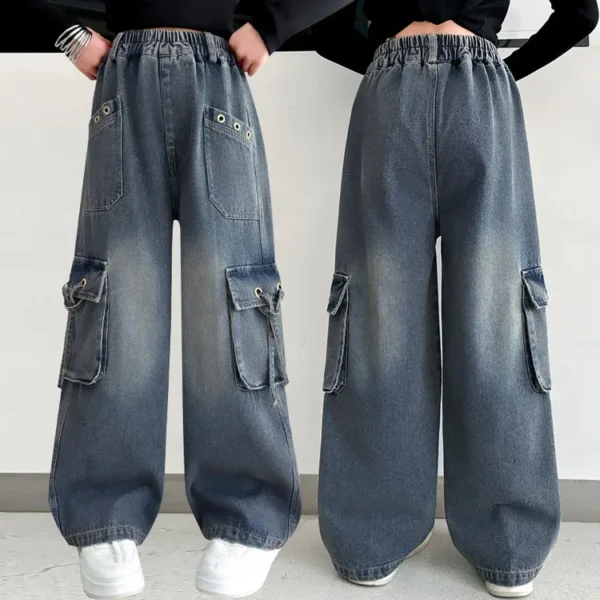 Girls Retro Distressed Cargo Jeans with Pocket For Teenage Kids Baggy Cargo Jeans Trousers Child Fashion Streetwear Denim Pants - Image 5