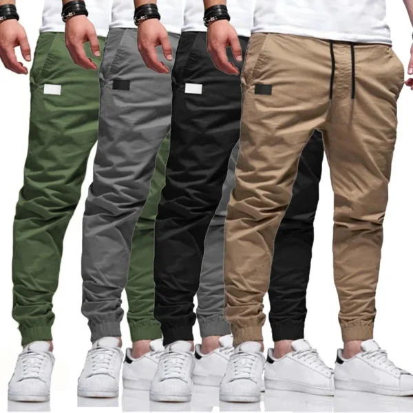 Men Cargo Pant Long Pants Solid Straight Trousers Lace Up Elastic Waist Slim Fit Pocket Splice Casual Drawstring Autumn