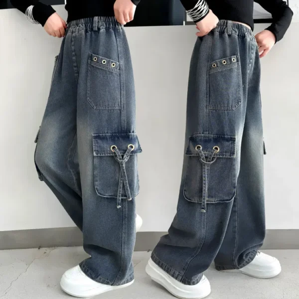 Girls Retro Distressed Cargo Jeans with Pocket For Teenage Kids Baggy Cargo Jeans Trousers Child Fashion Streetwear Denim Pants - Image 3