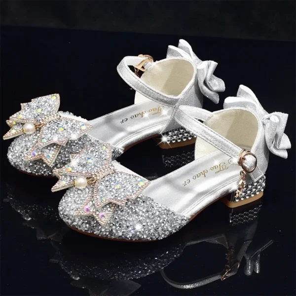 Girls Sandals Luxury Rhinestone Bow Children High Heels Fashion Crystal Glitter Comfort Kids Princess Wedding Party Dress Shoes