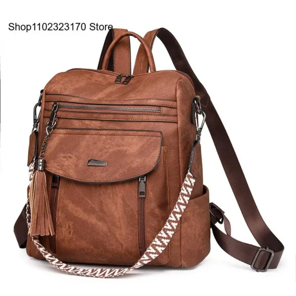 Spring Pu Leather Retro Pure Color Multi Zipper Compartment Large Capacity Single Shoulder Handbag Backpack Women - Image 5