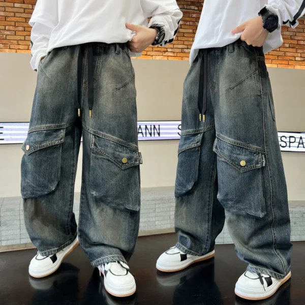 New Casual Straight Leg Cargo Jeans with Pocket for Teen Boy, Fashion Street Denim Pants, Elegant Trousers for Children & Teenag - Image 6