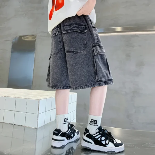 Loose Style Child Casual Black Denim Cargo Shorts With Big Pocket for Boys Elegant Summer Solid Short Baggy Jeans For Kids Teens - Image 5