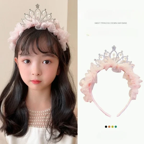 New Cute Pearl Rhinestone Crown Headband Kawaii Girls Hairbands Princess Kids Hair Accessories - Image 2