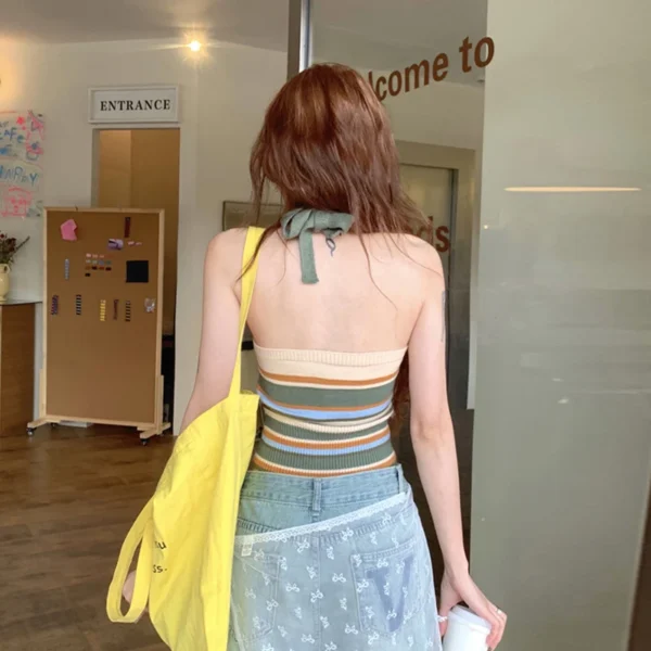 Women Stripes Crop Tops Knitted Halter Y2K Tops Backless Bandage Strappy Sexy Crop Tops Chest Wrap Beach Camisole Streetwear - Image 3
