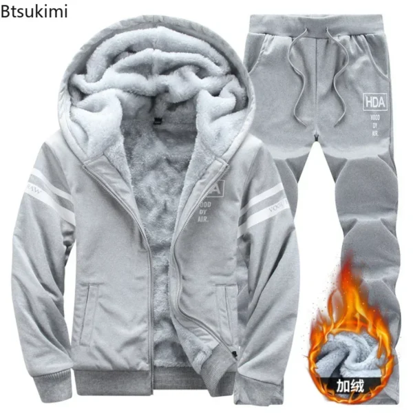 2025 Men's Thicken Warm Tracksuit Set Cardigan Fleece Hood Jacket+Pants Sweatshirts Male 2 Piece Sets Hoodies Suit Coat Big Size - Image 2