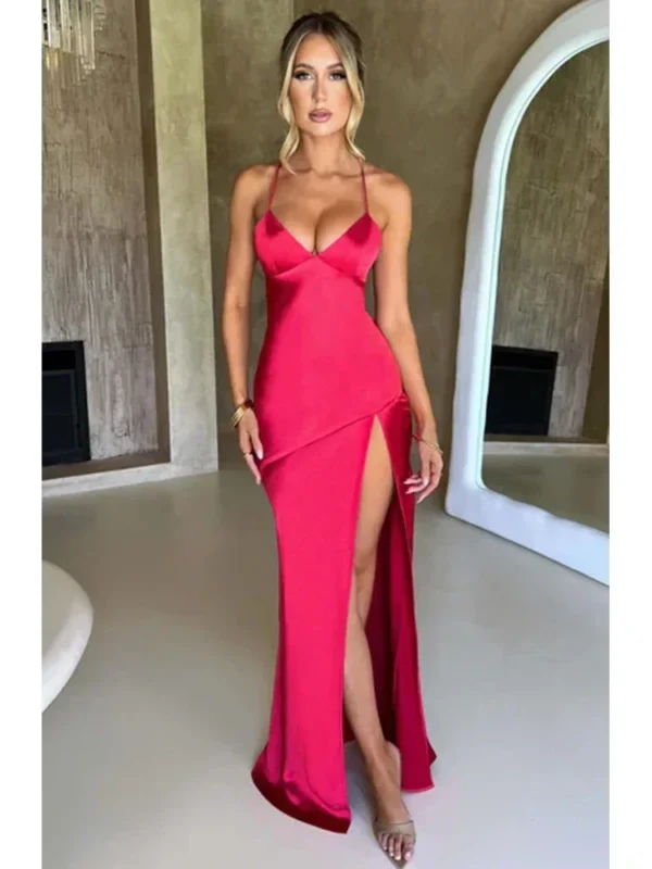 Bandage Backless Elegant Dress Split Hem Spaghetti Strap Slim Cocktail Party Club Fashion Satin Solid Lace-Up Long Dresses