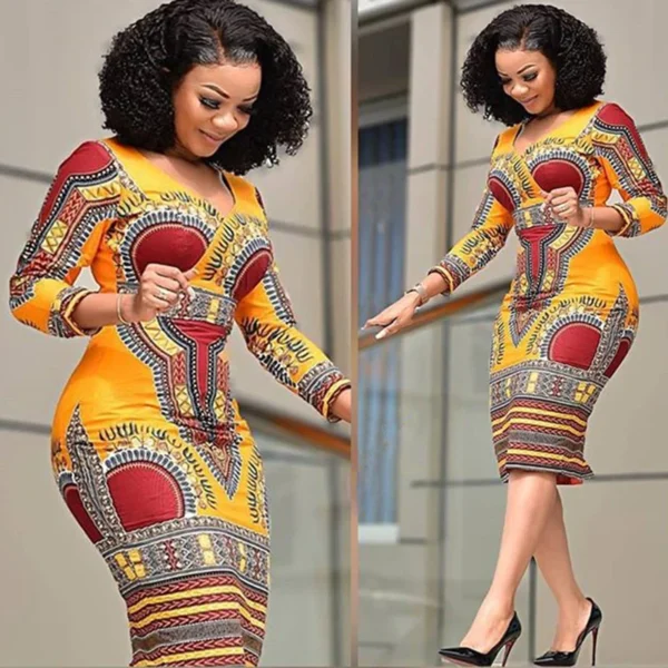 2022 New Fashion Print Dress Waist Women's Ethnic Style Package Hip Skirt V-neck Tight A-line Skirt African Women's Clothing - Image 2