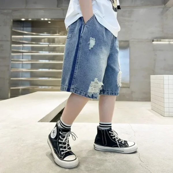 New 2025 Boys Summer Thin Denim Five-point Pants Kids Trendy Ripped Denim Shorts Trousers Teen Casual Jeans Children's Clothing - Image 3