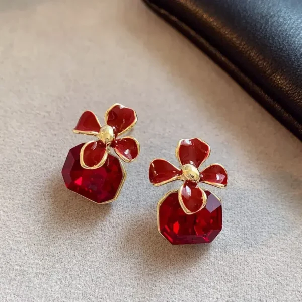 S925 Silver Needle Women Wine Red Zircon 18k Gold Plated Stud Earrings Set , Woman Elegant Flower Ear Accessories Gift