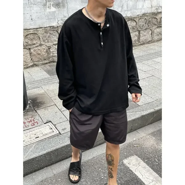 New Men's Loose Long Sleeve T-Shirt Brand Clothes Textured Pleated Miyake Button Placket Henley Collar Plus Size Men Clothe - Image 3