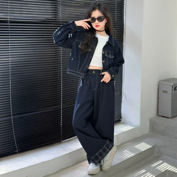 New Girls Children Jacket + Wide Leg Pants 2pcs Kids Suits Teenage Girl Denim Outfits - Image 4