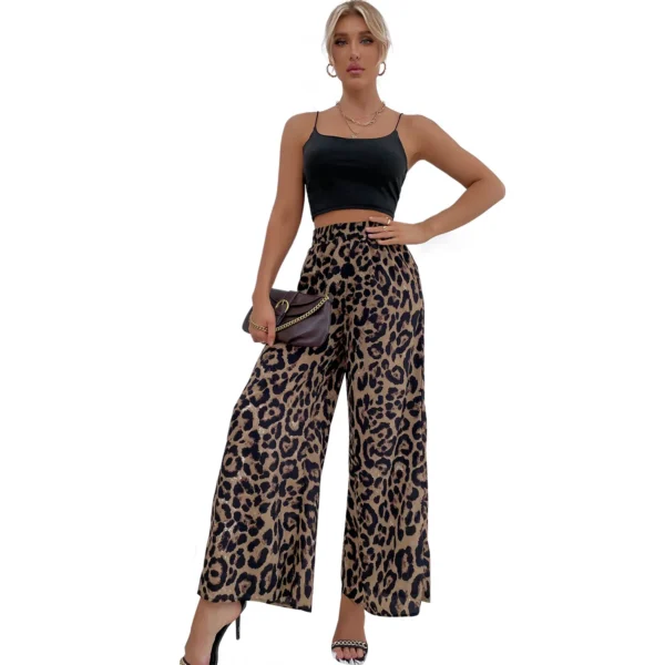 Women Leopard Wide Leg Ankle Length Pants Elastic Waist Spliced Loose Fit Capris Pockets High Street Autumn Slight Strech - Image 3
