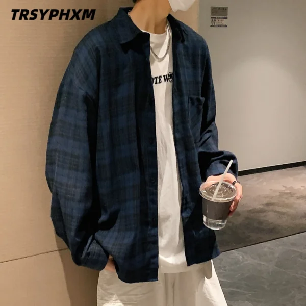 TRSYPHXM 2024 new American retro checkered shirt men's long sleeved trendy casual shirt autumn cool top coat - Image 5