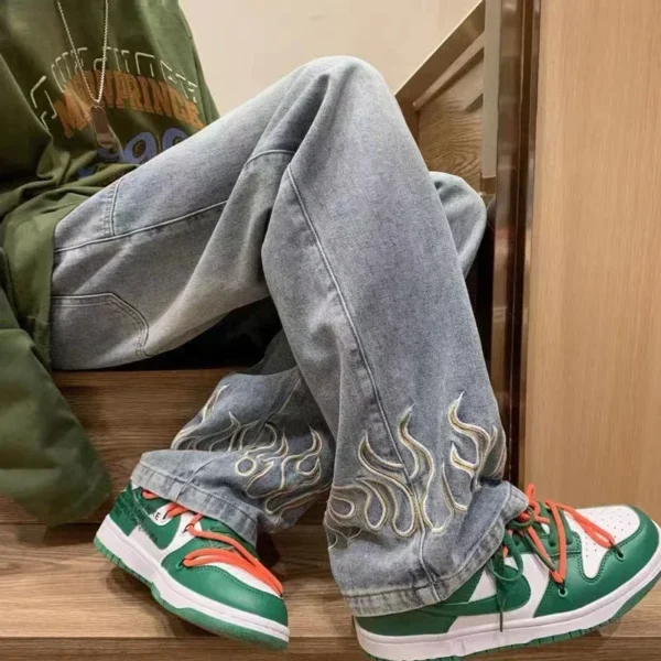 Pop Embroidery Designer Jeans Men's Fashion Wide Denim Trousers Baggy Straight Youth Casual Hip Hop Denim Pants Streetwear