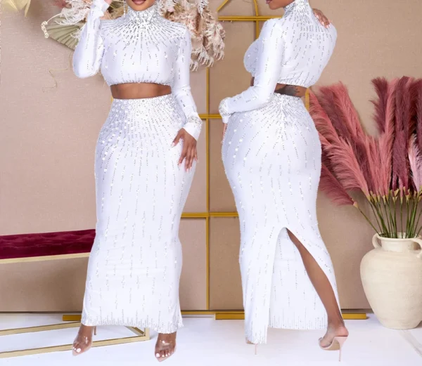 Women Printed two-piece Elegant Party Dresses Woman Long Sleeve Rhinestone Bodycon Maxi Prom Evening Vestidos Long Dresses HW86 - Image 4