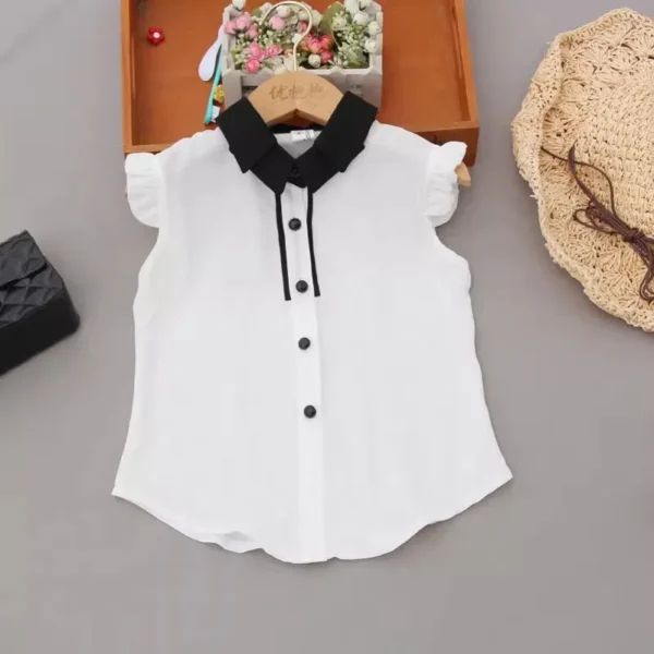 Kids Sleeveless Turn-down Collar Vest Shirts Korean Children White Shirts Summer Chiffon Cool Tops Teenage Girls Ruffle Blouse