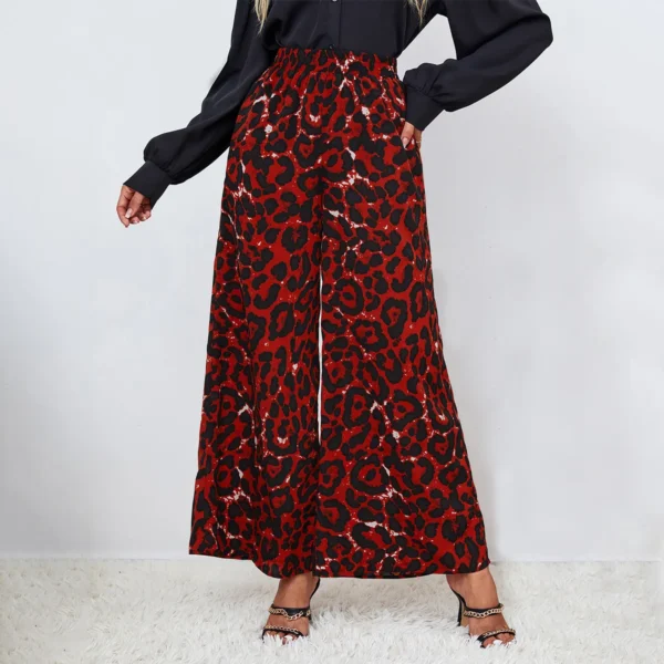 Women Leopard Wide Leg Ankle Length Pants Elastic Waist Spliced Loose Fit Capris Pockets High Street Autumn Slight Strech - Image 5