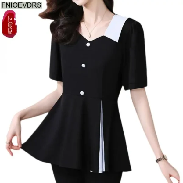 Office Shirts Basic Wear New Design 2025 Summer Women Short Sleeve Elegant Fashion Work Lady Retro Vintage Blouses Peplum Tops