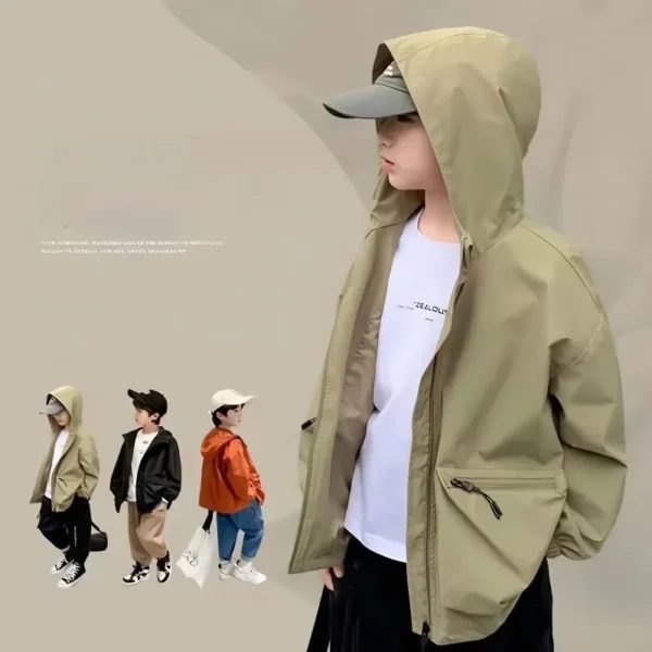 Children Solid Jacket Outerwear for Boy Kid Spring Autumn Thin Jackets for Boy Coat Hooded Bomber Jacket Waterproof Windbreaker - Image 2
