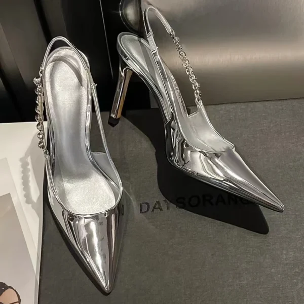 Shiny High Heels Slingback Silver Women Pumps Metallic Crystal Sandals Pointy Toe Stiletto Heeled Shoes Party Dress Shoes Woman - Image 6