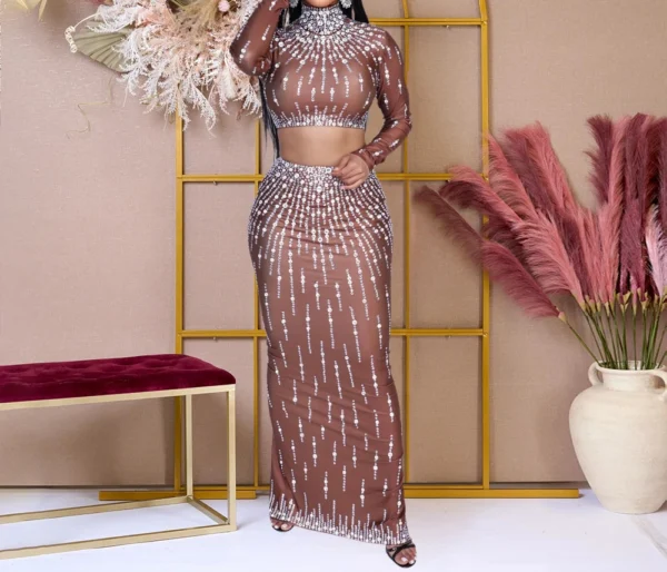 Women Printed two-piece Elegant Party Dresses Woman Long Sleeve Rhinestone Bodycon Maxi Prom Evening Vestidos Long Dresses HW86 - Image 6