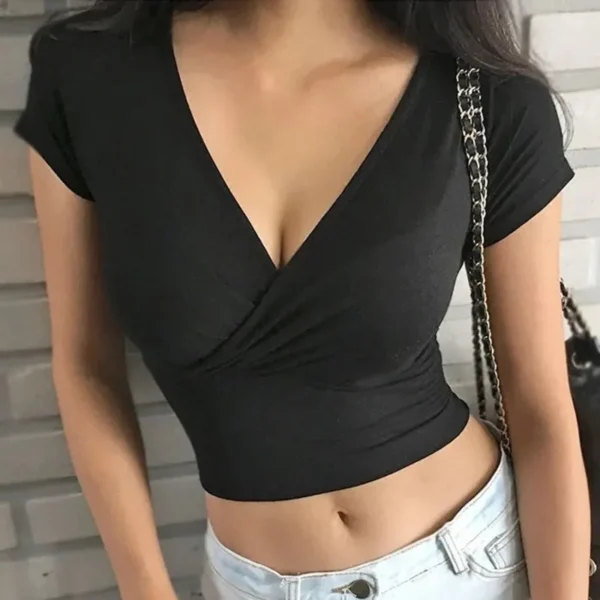 Summer Sexy Women Slim Crop Top Tees T Shirt Low Cut Short Sleeve Solid Female Teenage Girls Femmes T-Shirt Cross Wrap - Image 6