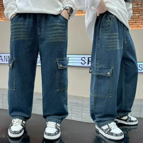 Big Boy Baggy Jeans Retro Blue Wide Jeans for With Pocket Cowboy Cool Denim Pants With Teen Kids Ripped Jeans 5-14Years - Image 2