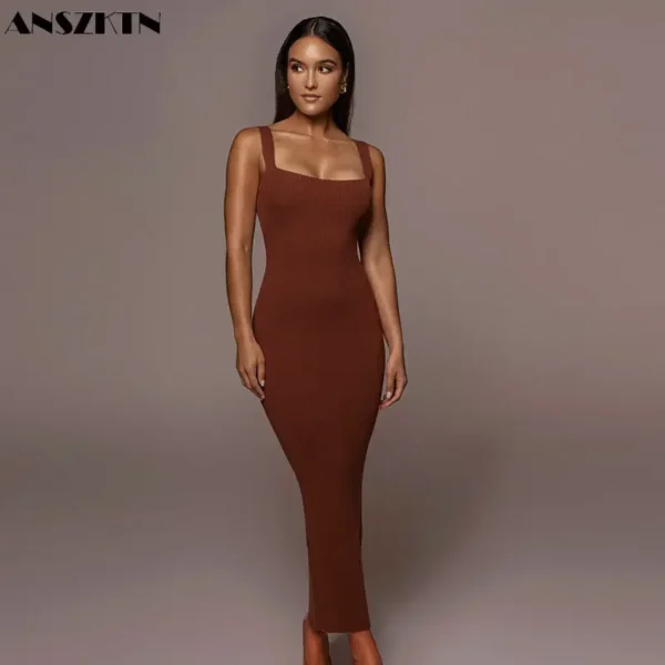 Ladies Maxi Dress Sleeveless Bodycon Solid Slim Fit Spring Summer Women Square Neck Casual Dresses - Image 4