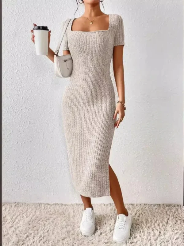 Fashion Solid Color Knitted Slim Long Dresses Women Sexy Square Collar Package Hip Bodycon Slit Dress Elegant Lady Knitt Vestido - Image 2