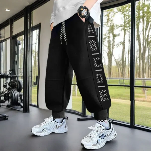 Children Autumn Black Color Cotton Sports Jogger Pants for Boys Casual Tapered Trousers Kids Letter Sporty Sweatpants Trackpants