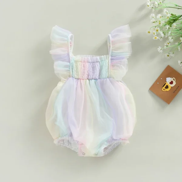 Newborn Baby Girls Mesh Romper Ruffle Square Collar Rainbow Colorful Mesh Bodysuit Princess Party Rompers Jumpsuits Outfit