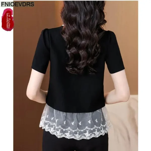 Office Shirts Basic Wear New Design 2025 Women Elegant Fashion Work Lady Summer Short Sleeve Black Lace Peplum Tops Blouses - Image 6