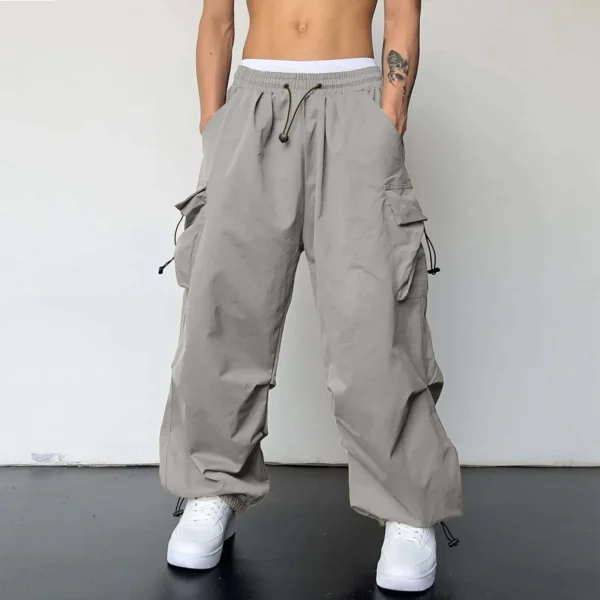 Mens Casual Waist Color Sports Hat Woven Pocket Foot Rope Solid Pants Street Cargo Tie Mens Cargo Big Size Oversized Trousers - Image 3