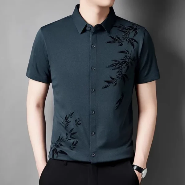 Men's short-sleeved shirt, flocked high elasticity generous fashion lapel shirt 8 colors - Image 5
