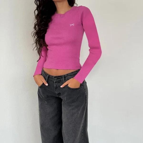 Women Y2K Crop Tops Long Sleeve Ribbed Knit Shirts Cute Bow Embroidery Tee Shirts Teen Girls Slim Fitted Baby Tees - Image 3