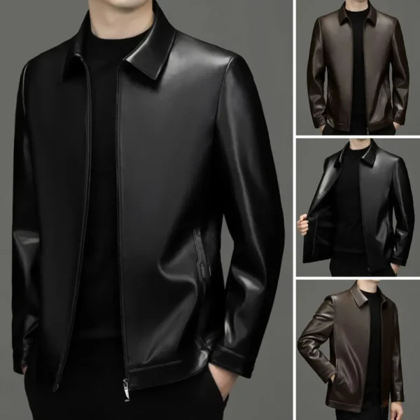 Long Sleeve Men Jacket Stylish Men's Faux Leather Jacket with Zipper Placket Lapel Collar Regular Fit Short Style for Casual - Image 3