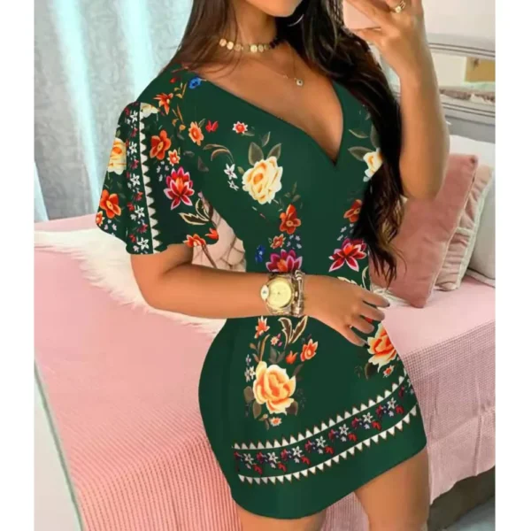 Summer Elegant Floral Print Bodycon Mini Dress Women 2025 Fashion Sexy Deep V-neck Package Hip Dresess Office Lady Party Dress - Image 3