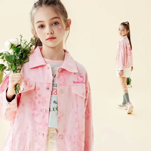 Kawaii Sanrio Hellokitty Coat 2025 New Style Spring Autumn Jacket Girls Sweet Tie Dye Denim Outwear Short Cool Fashion Overcoat - Image 2