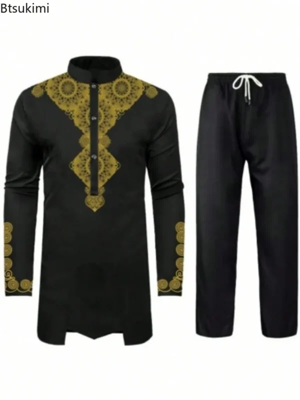 2025 African Men's Casual Printed Two Pieces Fashion Stand Collar Gold Stamping Top and Pants Sets Men Ethnic Style Muslim Suits - Image 4