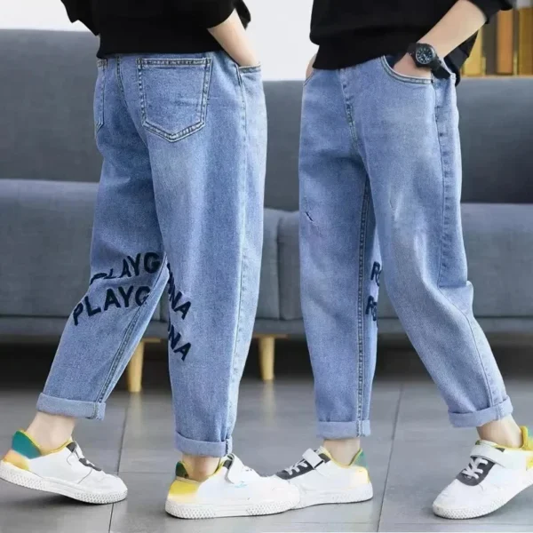 Girls Boys Jeans Kids Letter Print Elastic Waist Denim Pant 2024 Spring Fall 2 To 12Yrs Teens Trousers Children's Casual Clothes - Image 3