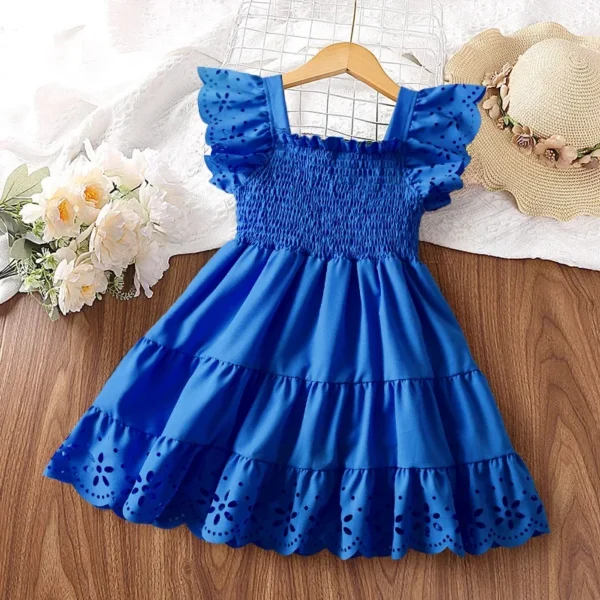 Summer Little Girls Lace Ruffles Sleeves Princess Dress Children's Birthday Party Blue Dress for Kids 2024 Holiday Casual Dress