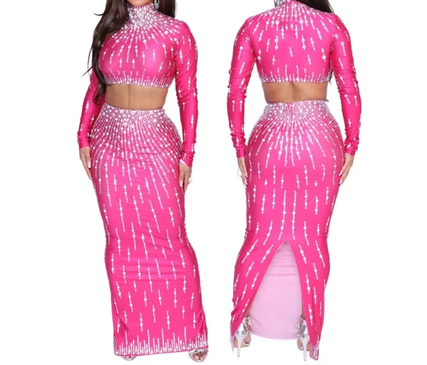 Women Printed two-piece Elegant Party Dresses Woman Long Sleeve Rhinestone Bodycon Maxi Prom Evening Vestidos Long Dresses HW86 - Image 5