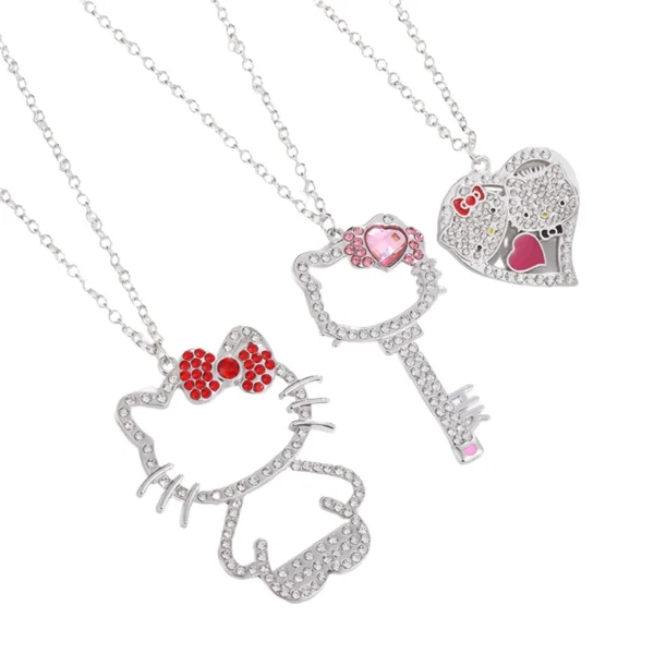Sanrio Anime Lovely Hello Kitty Kids Chain Necklace Cute Cartoon Hollowed Kitty Crystal For Women Girls Birthday Gift