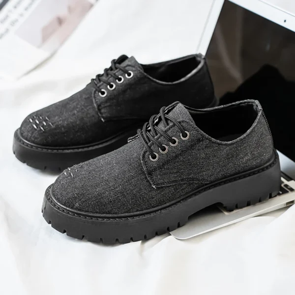 Botta Texana Masculino Fabric with Holes American Canvas Big Head Thick Sole Small Leather Shoes Hiking Boots Black Sneakers